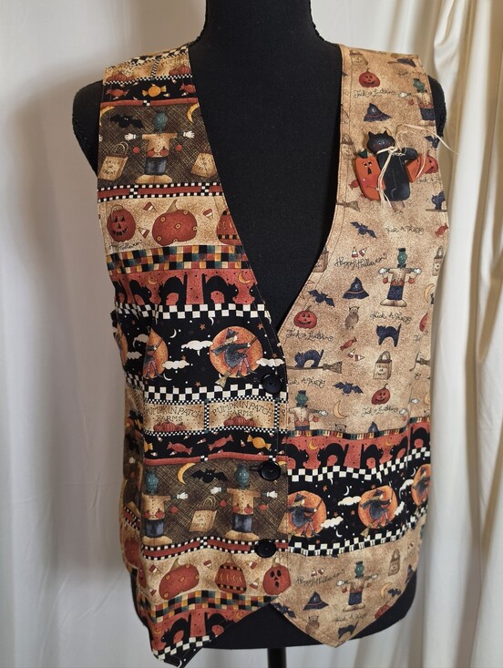 Handmade Jackets & Blazers - Halloween Patchwork Print Women's Vest - Handmade Cats Pumpkins Witches Sz M